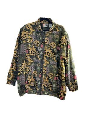 Retro Floral Silk Jacket 2X Green Boho‎ Western Indie Classic Preppy Old Money